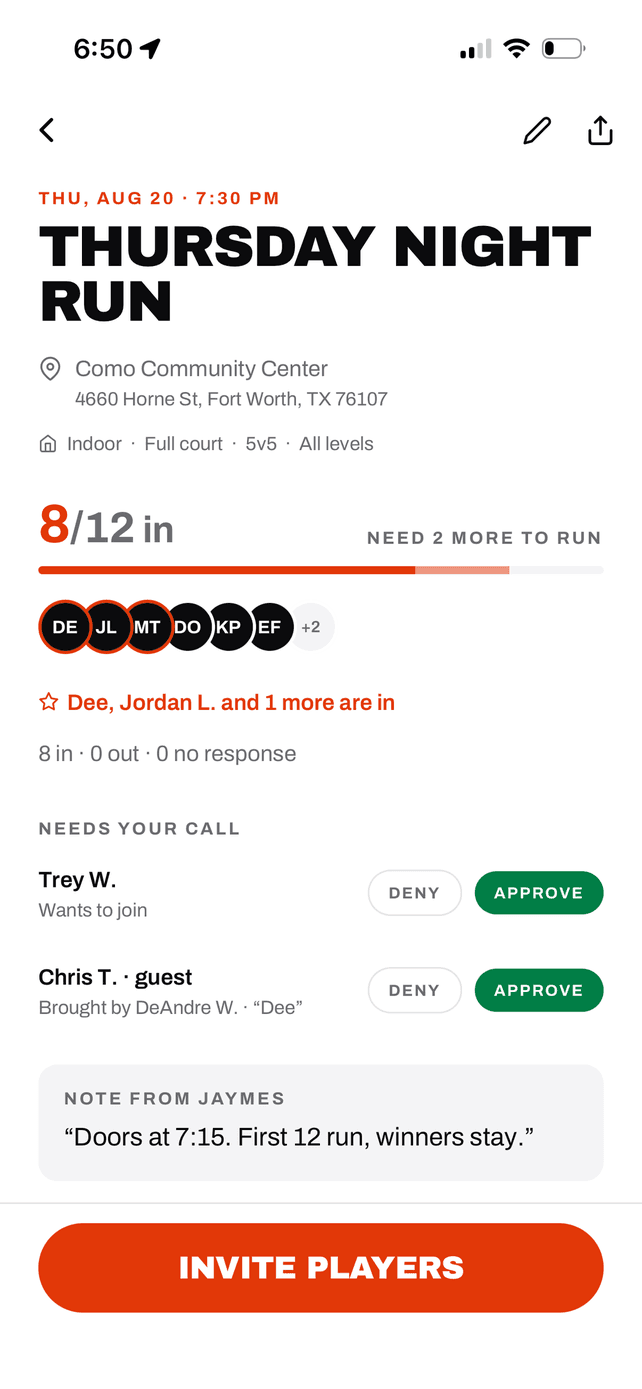 Hoop More run screen: Thursday Night Run, 8 of 12 in, need 2 more to run, two join requests waiting for the organizer’s call.