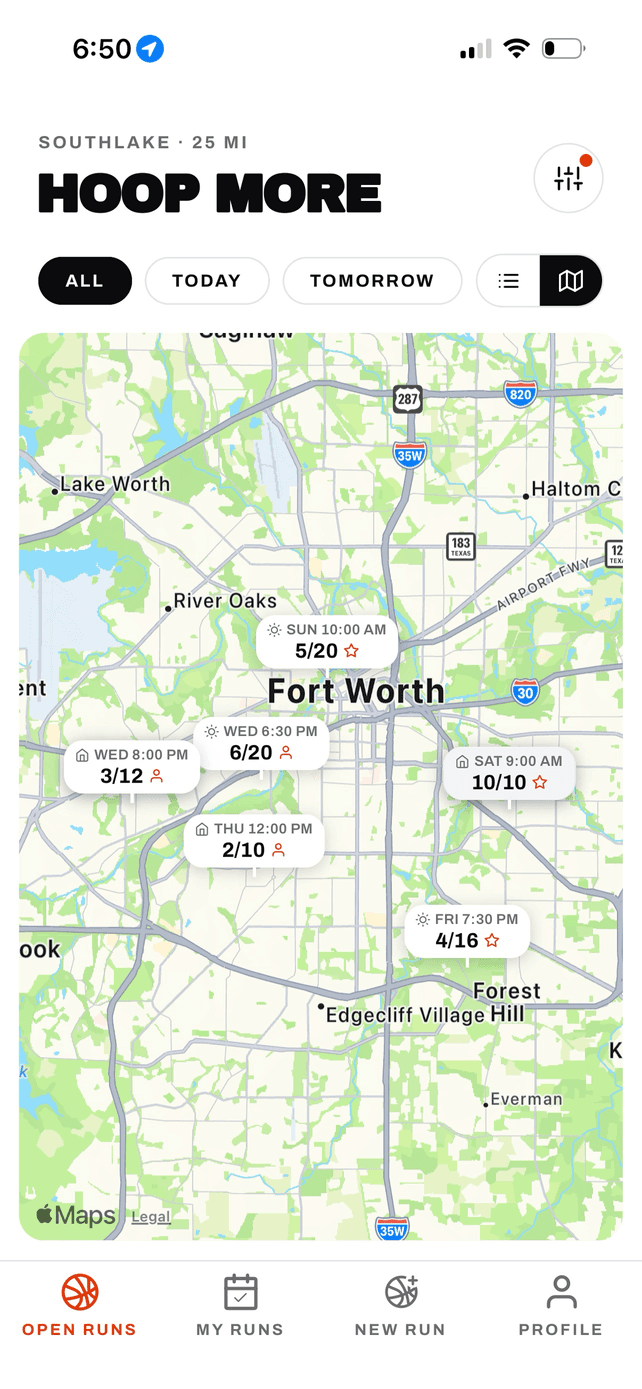 Hoop More Open Runs map of Fort Worth with seven runs pinned, each showing its day, time, and headcount.